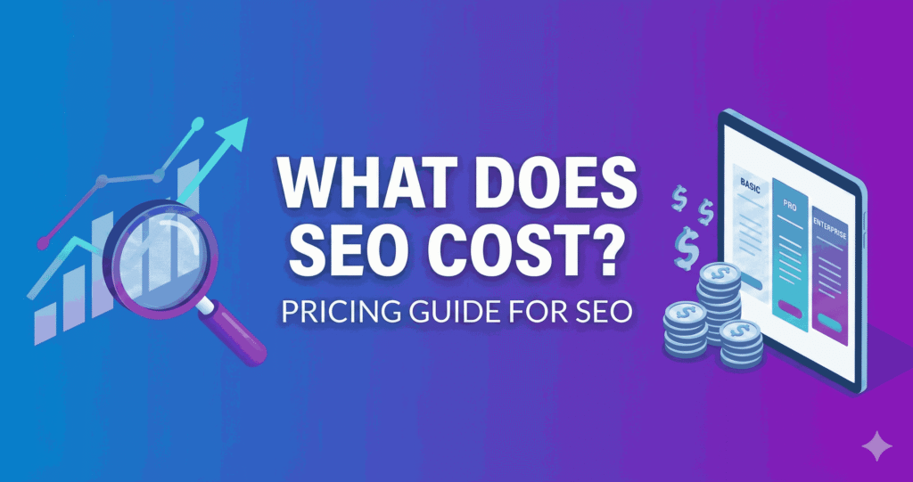 SEO pricing guide showing cost factors with analytics chart, pricing tiers, and dollar coins