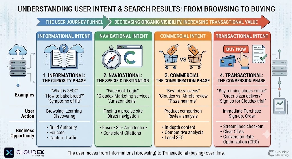 Image shows a user intent jurney and behaviour for understanding SEO and how SEO can help attain traffic. SEO services.
