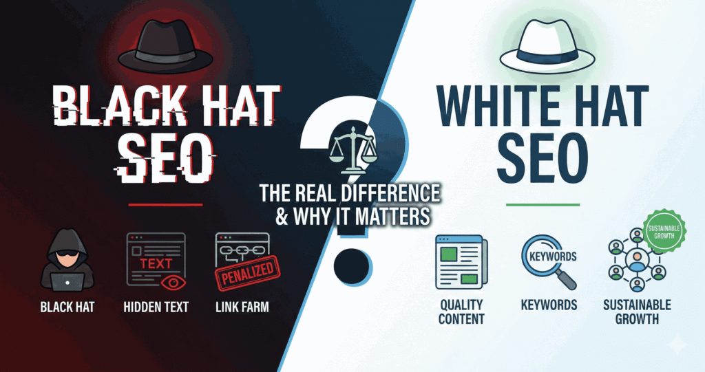 Divided infographic comparing black hat SEO techniques including hacker figure, hidden text, and penalized link farms on dark side versus white hat SEO methods featuring quality content, keyword research, and sustainable growth on light side with justice scales in center
