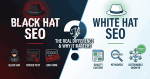 Divided infographic comparing black hat SEO techniques including hacker figure, hidden text, and penalized link farms on dark side versus white hat SEO methods featuring quality content, keyword research, and sustainable growth on light side with justice scales in center