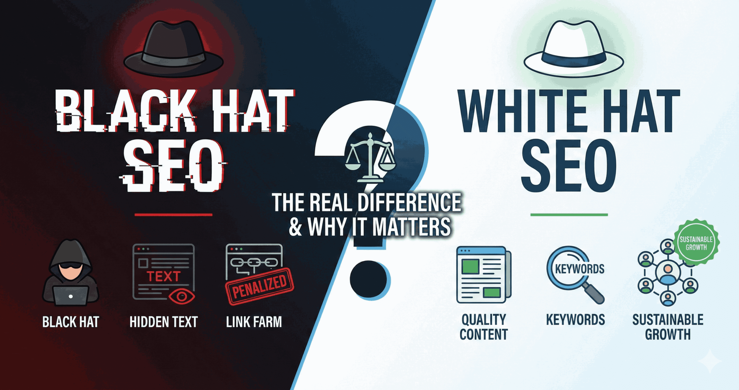 Divided infographic comparing black hat SEO techniques including hacker figure, hidden text, and penalized link farms on dark side versus white hat SEO methods featuring quality content, keyword research, and sustainable growth on light side with justice scales in center