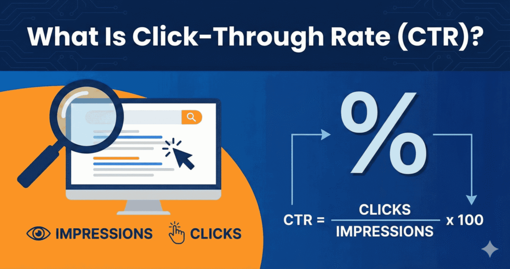 Educational graphic defining click-through rate CTR with computer monitor showing search results page, magnifying glass, eye icon for impressions, click icon, and mathematical formula showing clicks divided by impressions times 100 equals percentage