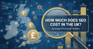 SEO cost in UK pricing guide with magnifying glass over UK map showing pound symbols and pricing tiers