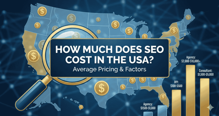 SEO cost in USA with pricing breakdown showing agency, consultant, and DIY rates on US map with dollar symbols