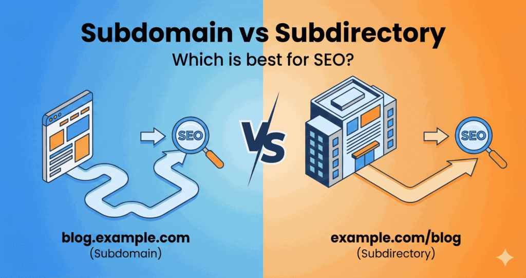 Subdomain vs subdirectory comparison showing blog.example.com versus example.com/blog with SEO icons