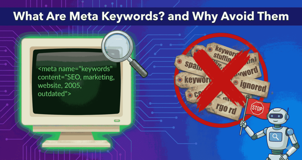 Infographic showing meta keywords crossed out with text explaining why to avoid them in SEO strategy