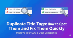 Duplicate title tag detection and fix tutorial showing two identical home pages corrected to unique titles
