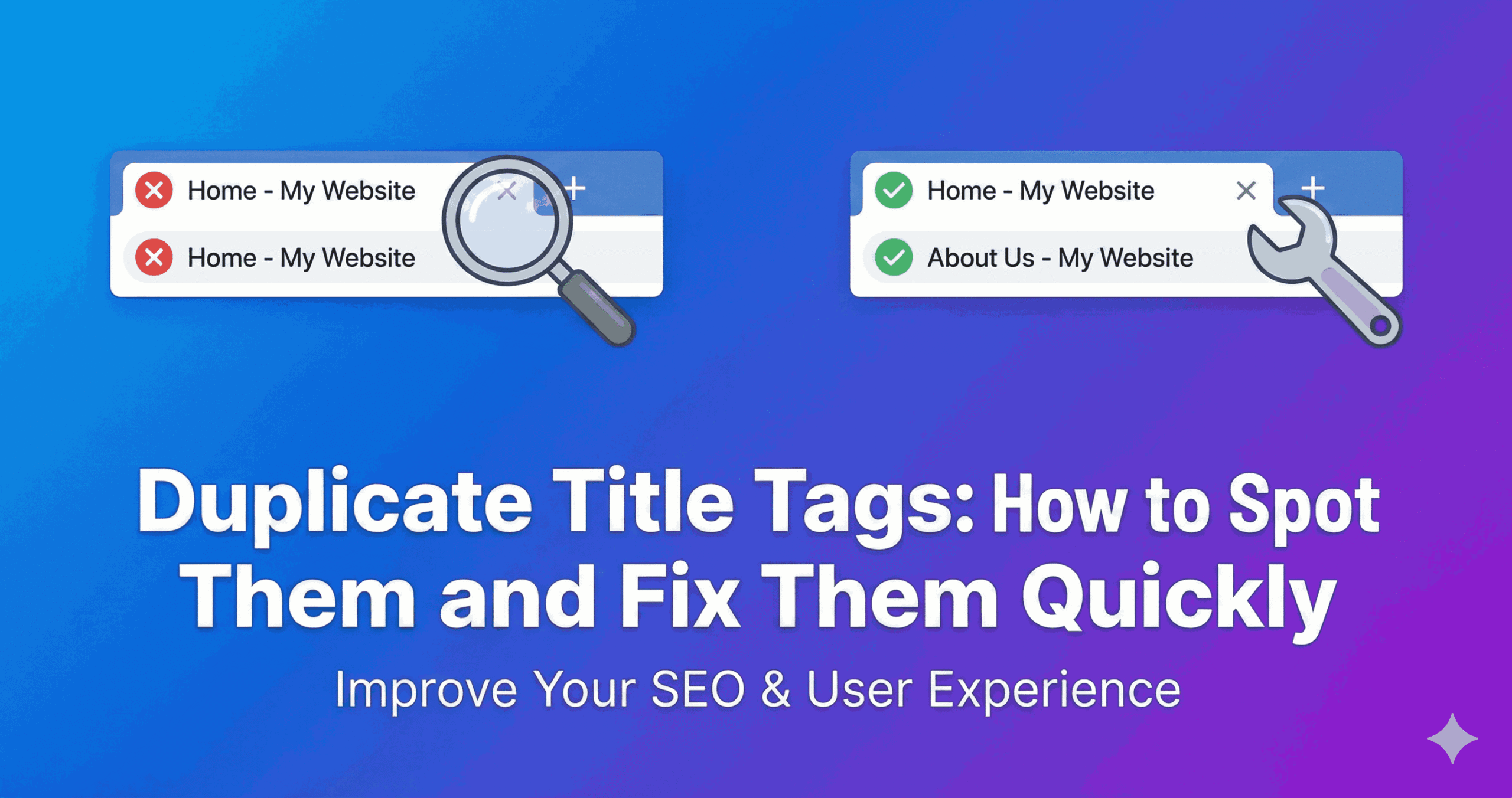 Duplicate title tag detection and fix tutorial showing two identical home pages corrected to unique titles