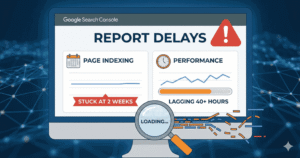 Google Search Console delay notification showing page indexing issues and performance report lag times