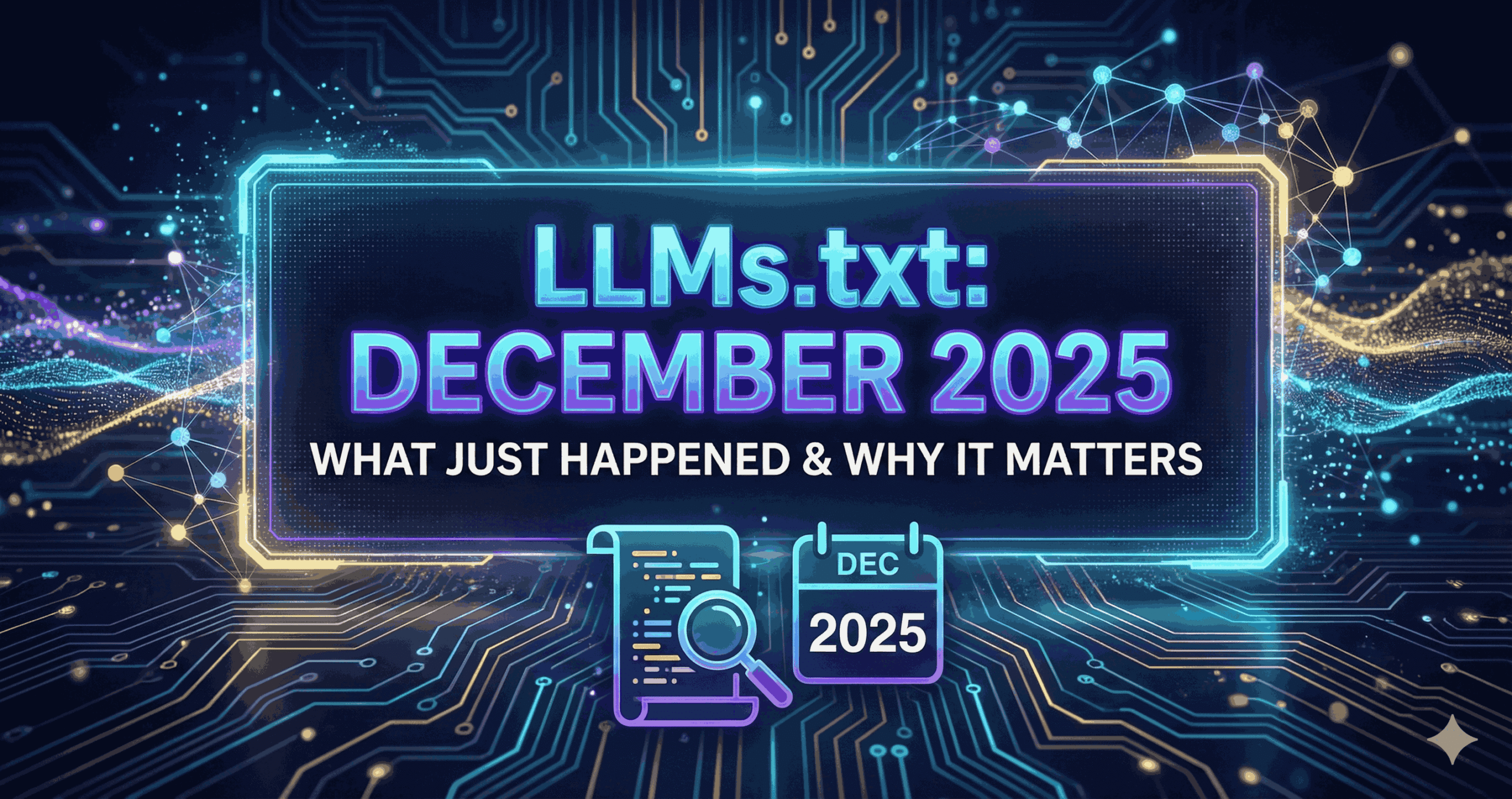LLMs.txt December 2025 announcement with digital circuit board background and calendar icon