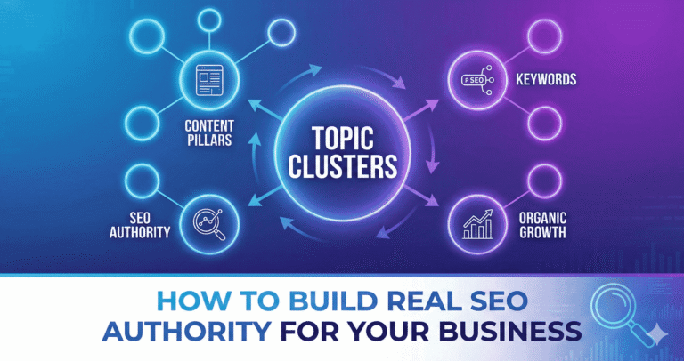 Topic clusters SEO strategy diagram showing content pillars, keywords, SEO authority, and organic growth connections
