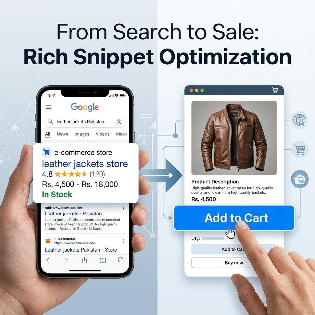A mobile phone screen displaying a Google search result for "leather jackets Pakistan" featuring rich snippet schema (price, rating, stock) leading to a product page click.