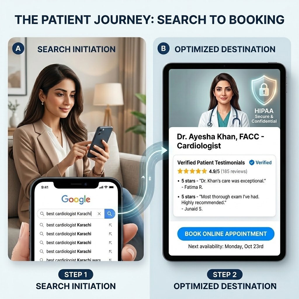 A split-screen visualization showing a patient's mobile search for "cardiologist Lahore" leading to a search-optimized doctor profile page with online appointment booking functionality.