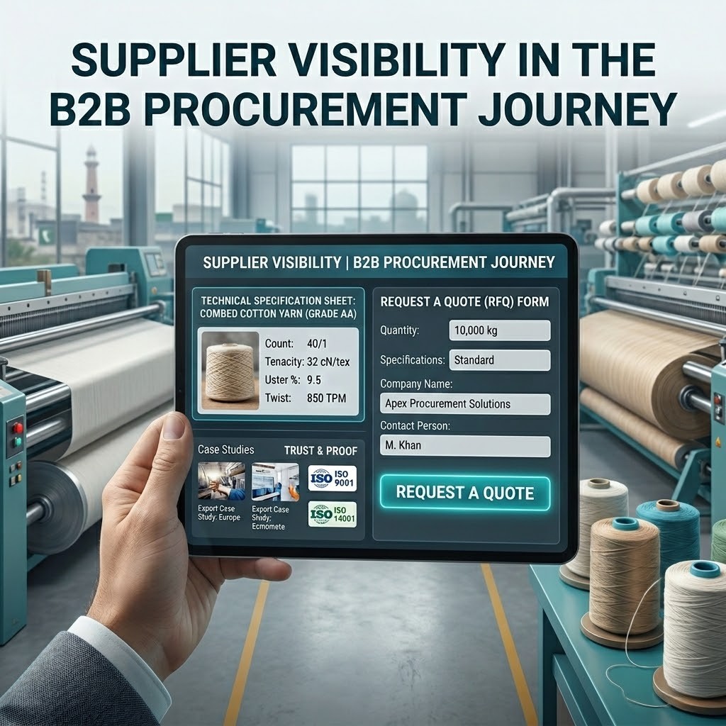 A B2B SEO visualization featuring a textile factory in Faisalabad paired with a tablet screen displaying search-optimized technical specifications, ISO certifications, and a 'Request a Quote' form.