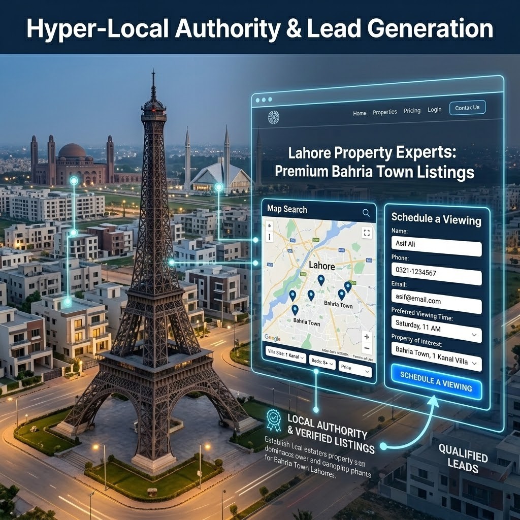 A visualization of a real estate SEO strategy, showing a modern property in Lahore paired with an optimized local landing page and a 'Schedule a Viewing' lead generation form.